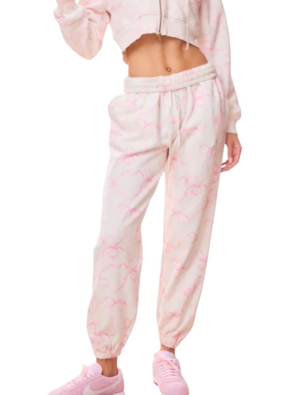 New LoveShackFancy Lillia Bow Ribbon Print Sweatpants in Pastry Pink Size M